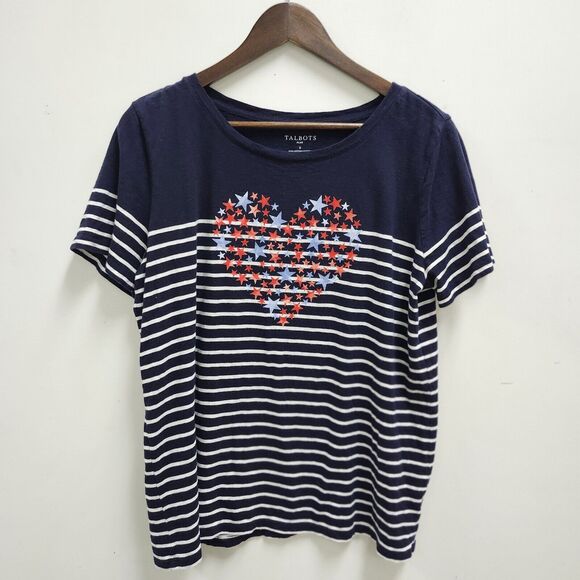 Talbots Womens Plus Short Sleeve Tee Size XL Blue Striped Stars Patriotic Heart - Picture 1 of 9